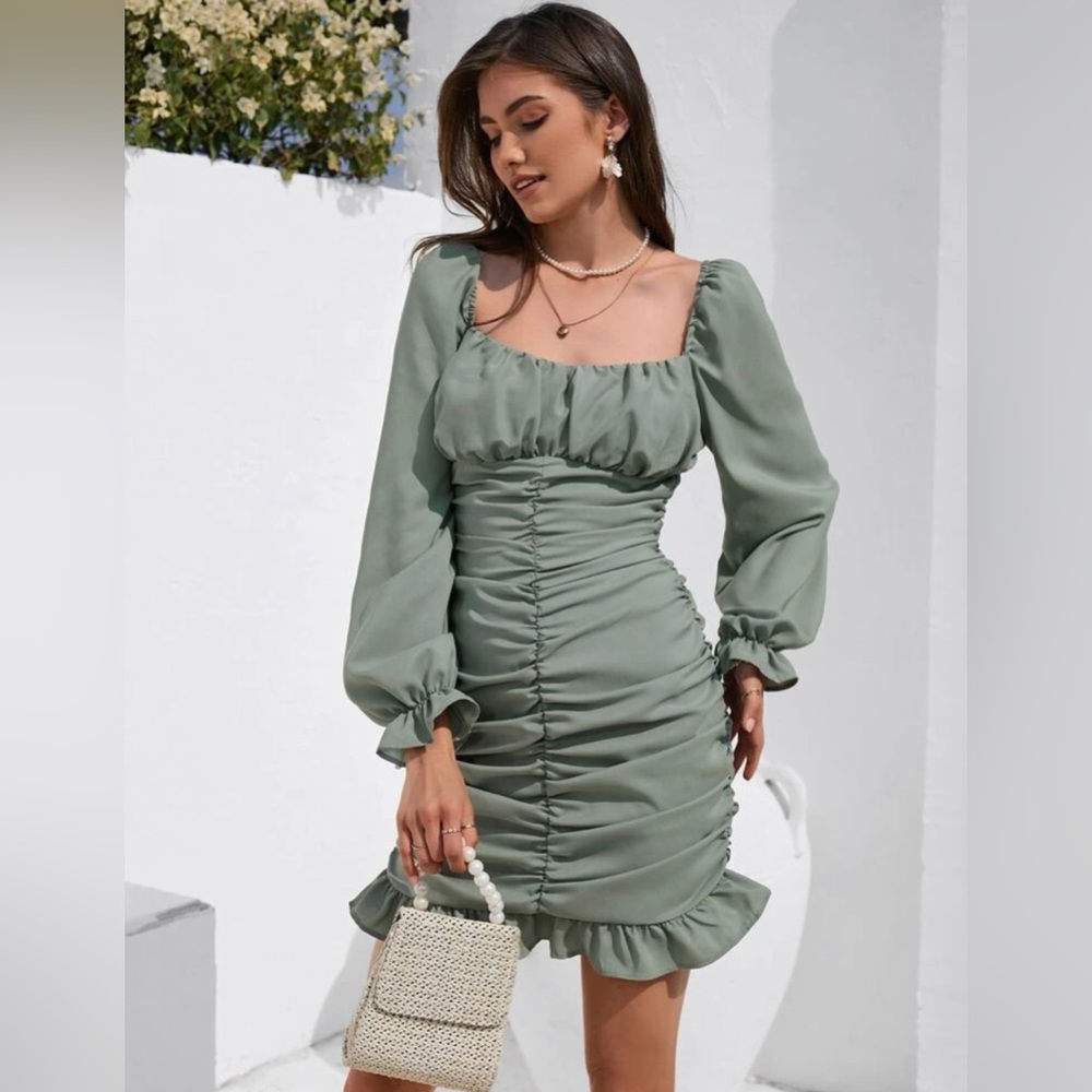 Frenchy Flounce Sleeve Zip Back Ruched Ruffle Hem Dress